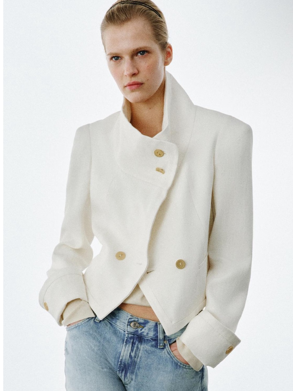 Zara Off-White Double-Breasted Sculpted Collar Jacket - Picture 2 of 5